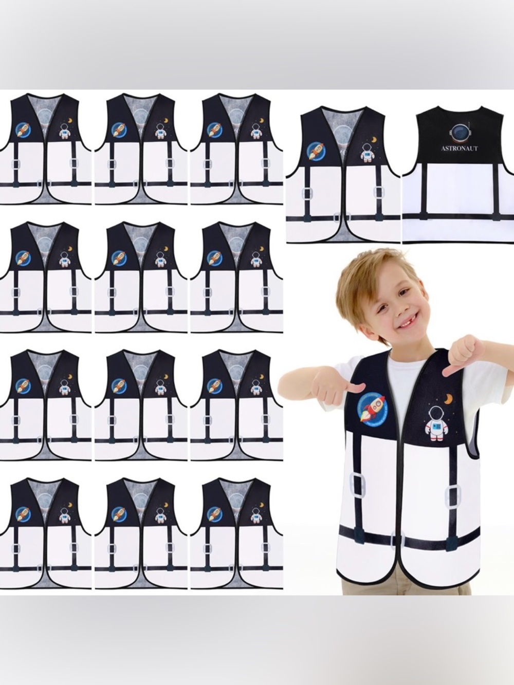 Kids Space Explorer Safety Vest – White & Black with Rocket Patch